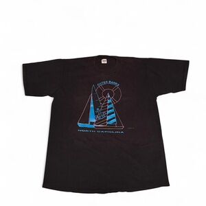 Black Graphic T-Shirt with Blue Sailboat Design